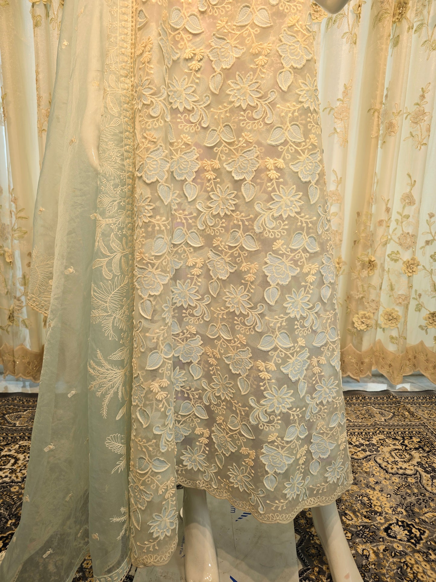 Azure Bloom 3D Embroidered Organza Suit