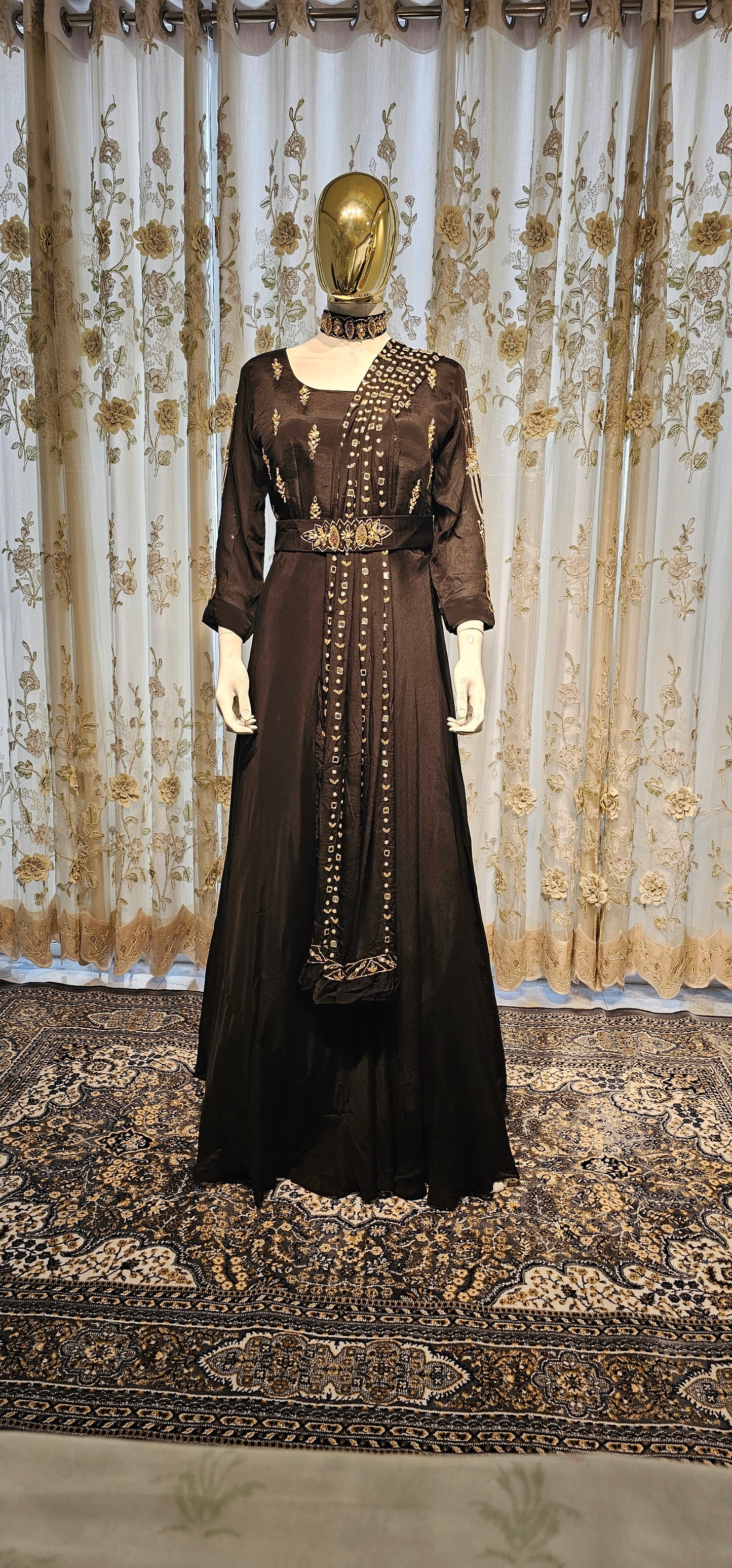 Luxury Black Handwork Gown with Choker Neck & Stole | Reception & Evening Party Wear