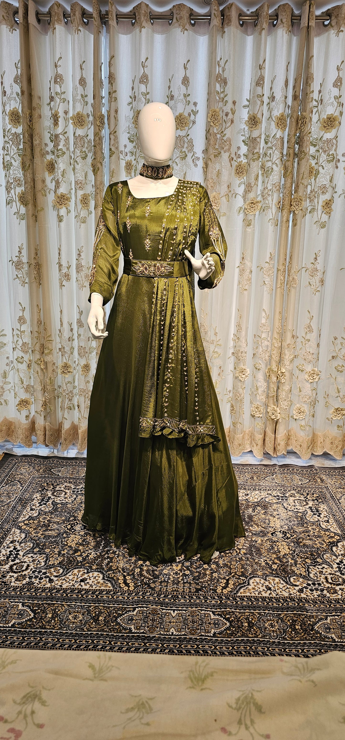 Luxury Handwork Gown in Olive Green with Choker Neck & Stole | Wedding & Cocktail Dress
