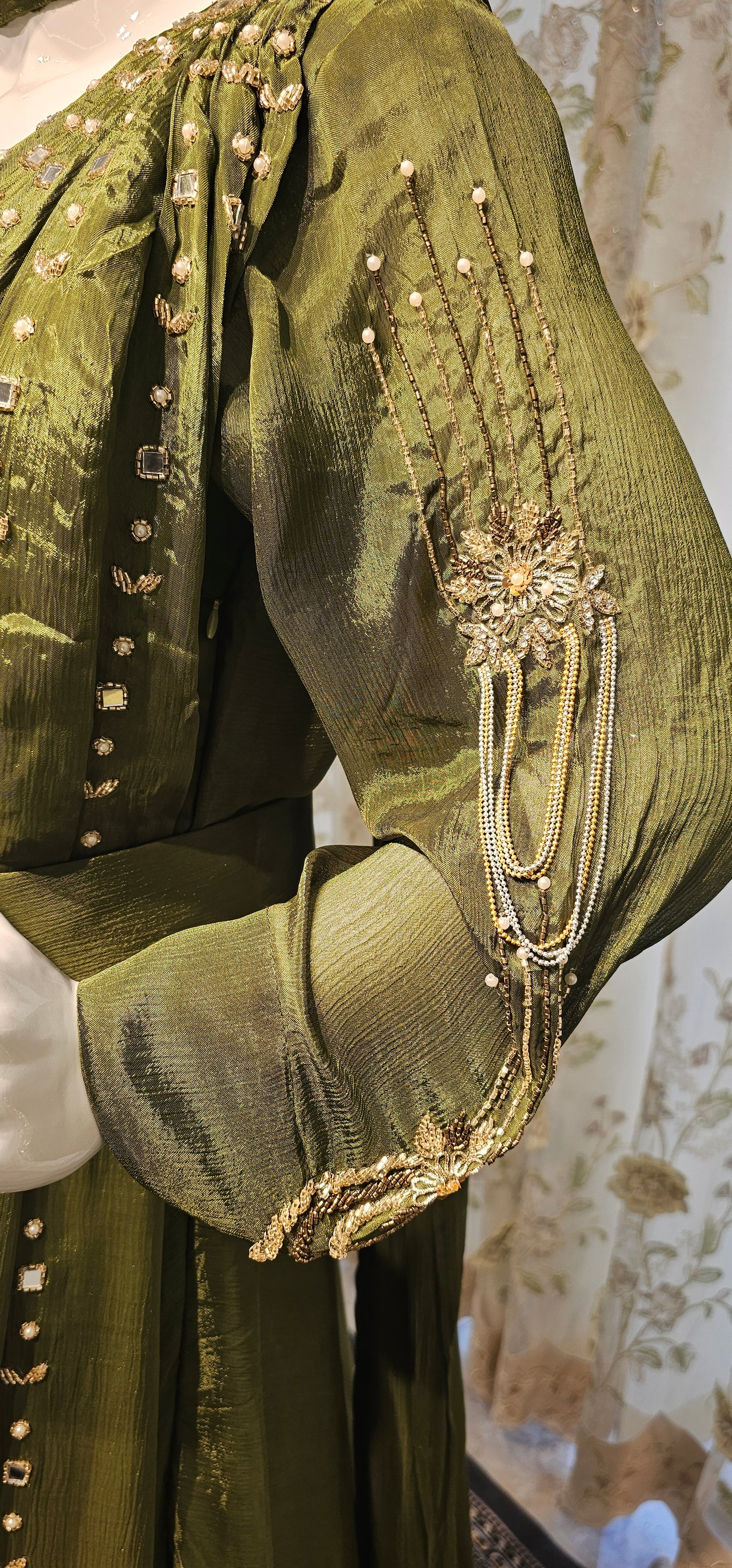 Luxury Handwork Gown in Olive Green with Choker Neck & Stole | Wedding & Cocktail Dress