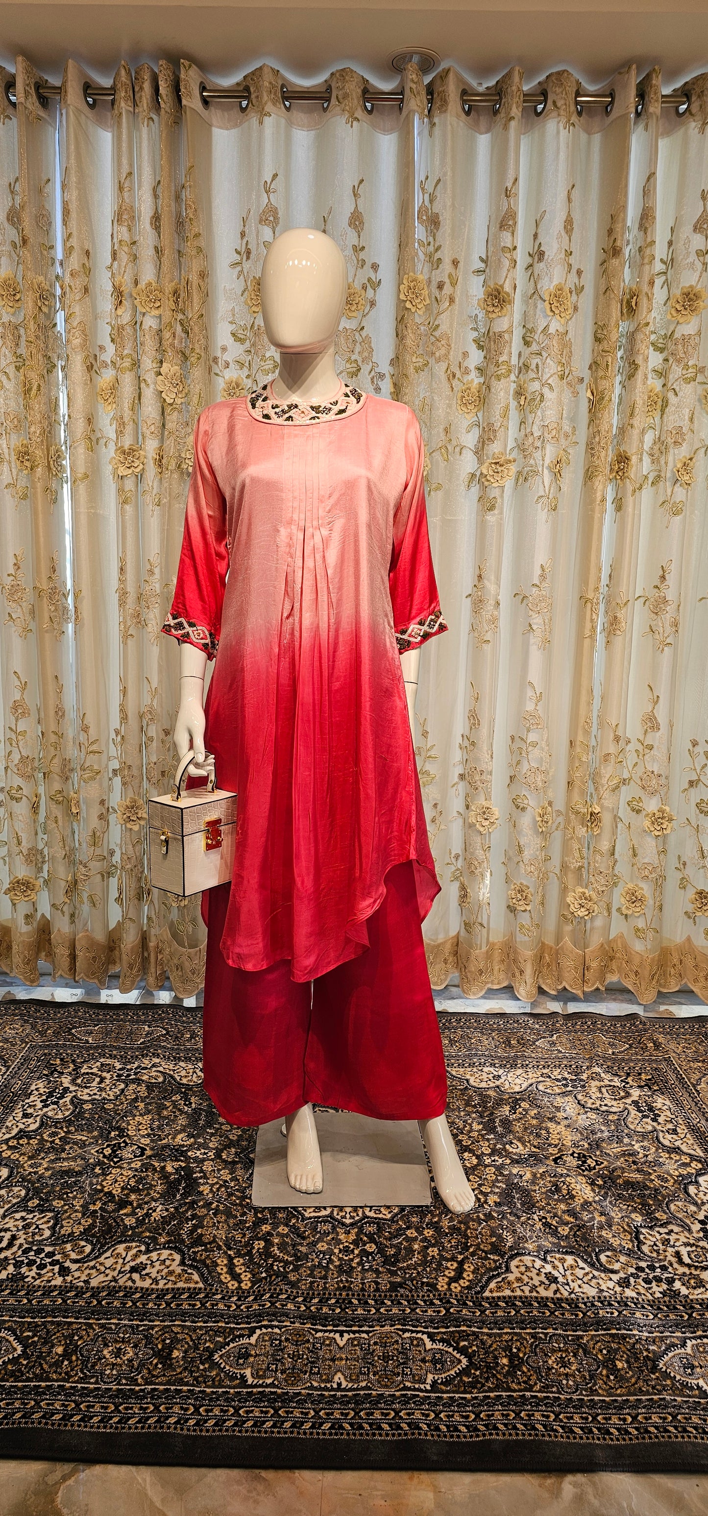 Pink & Red Ombré Dola Silk Straight Kurta Set with Handwork