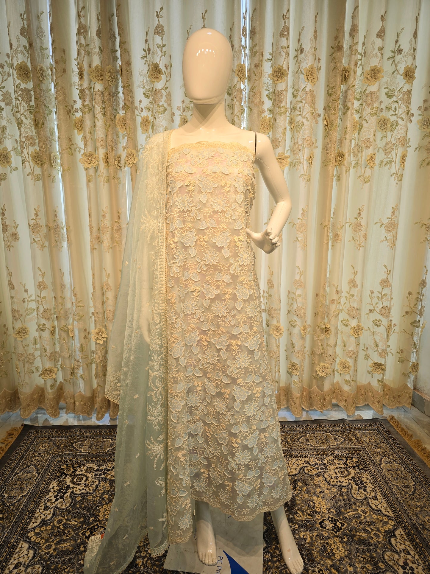 Azure Bloom 3D Embroidered Organza Suit