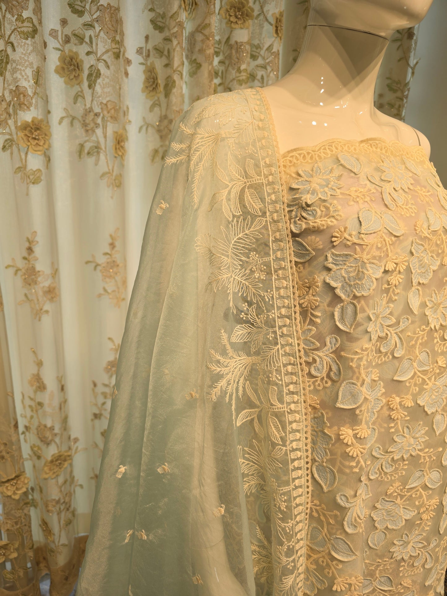 Azure Bloom 3D Embroidered Organza Suit