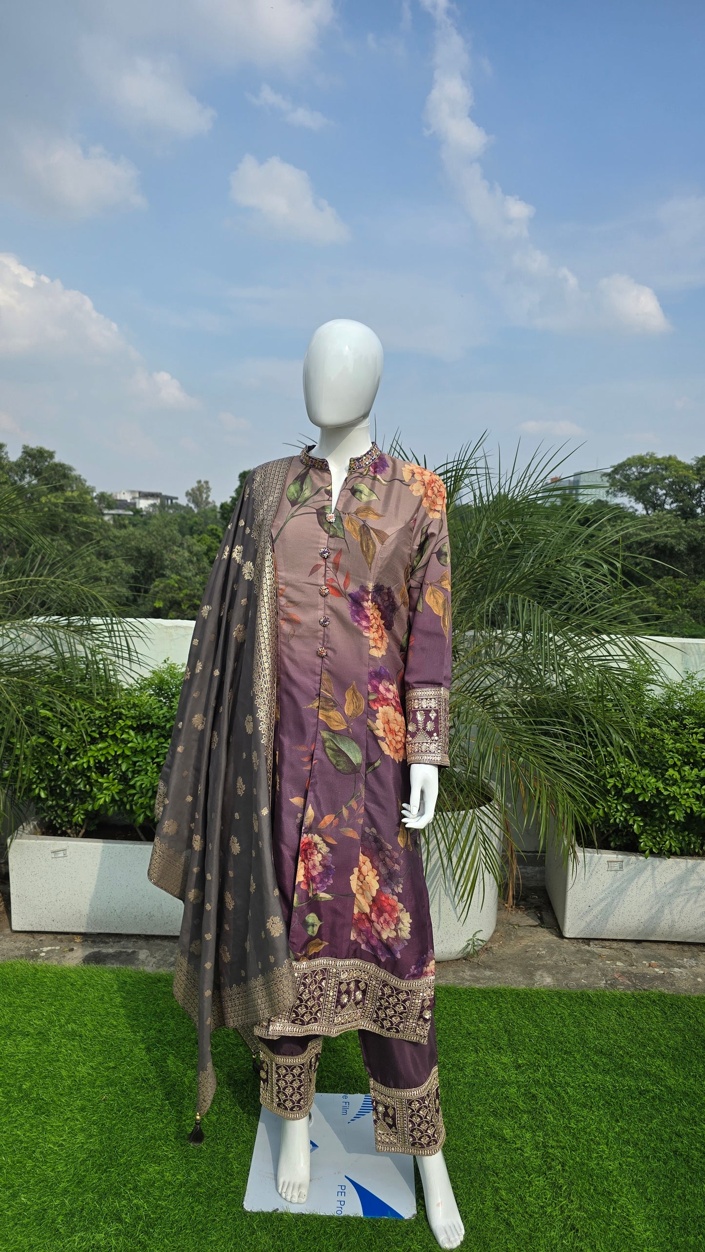 Royal Purple Real Premium Silk Embroidered Suit Set with Jacquard Dupatta
