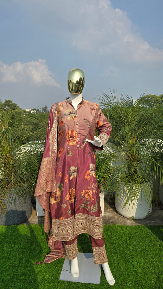 Royal Maroon Real Premium Silk Embroidered Suit Set with Jacquard Dupatta