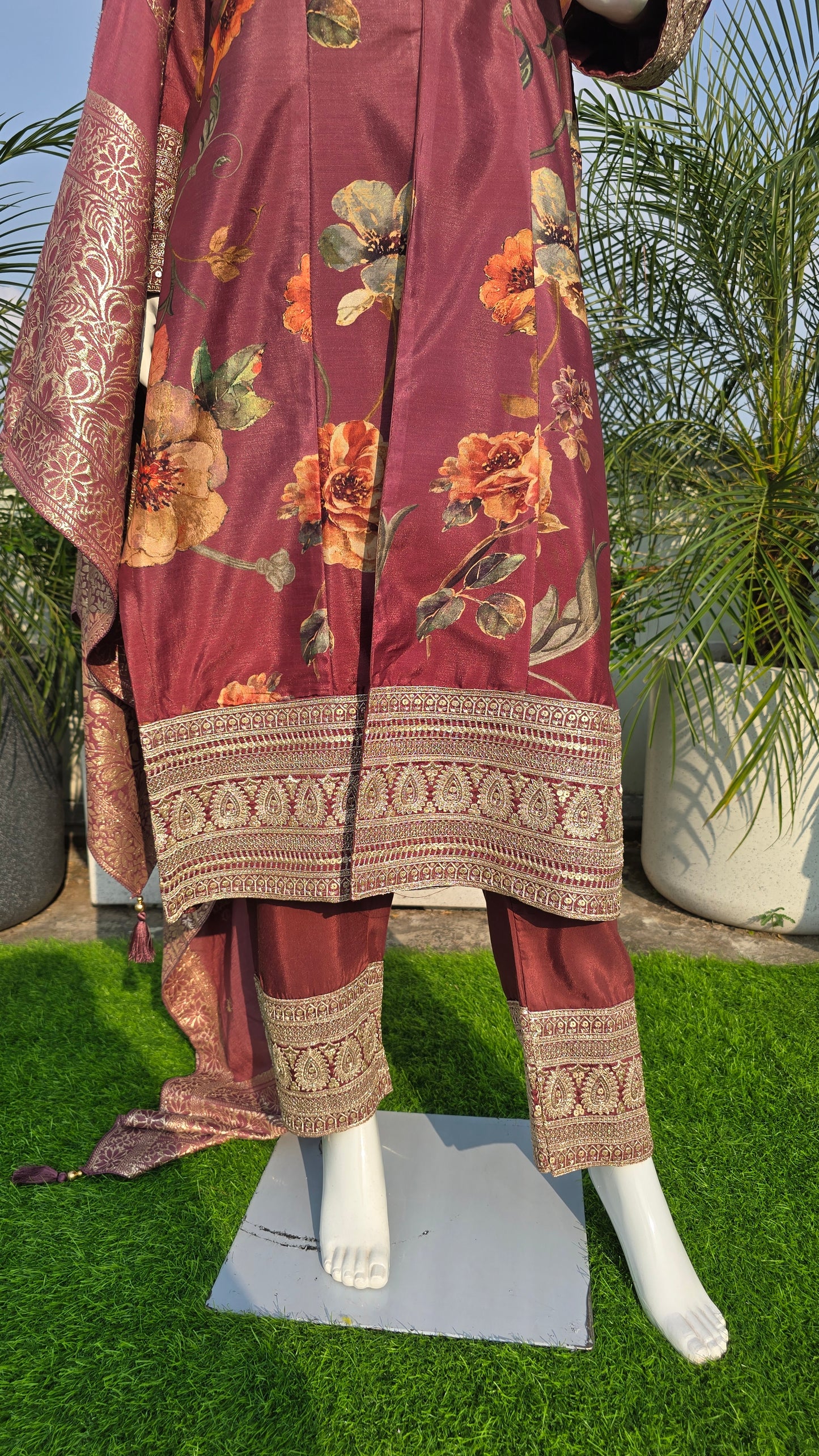 Royal Maroon Real Premium Silk Embroidered Suit Set with Jacquard Dupatta