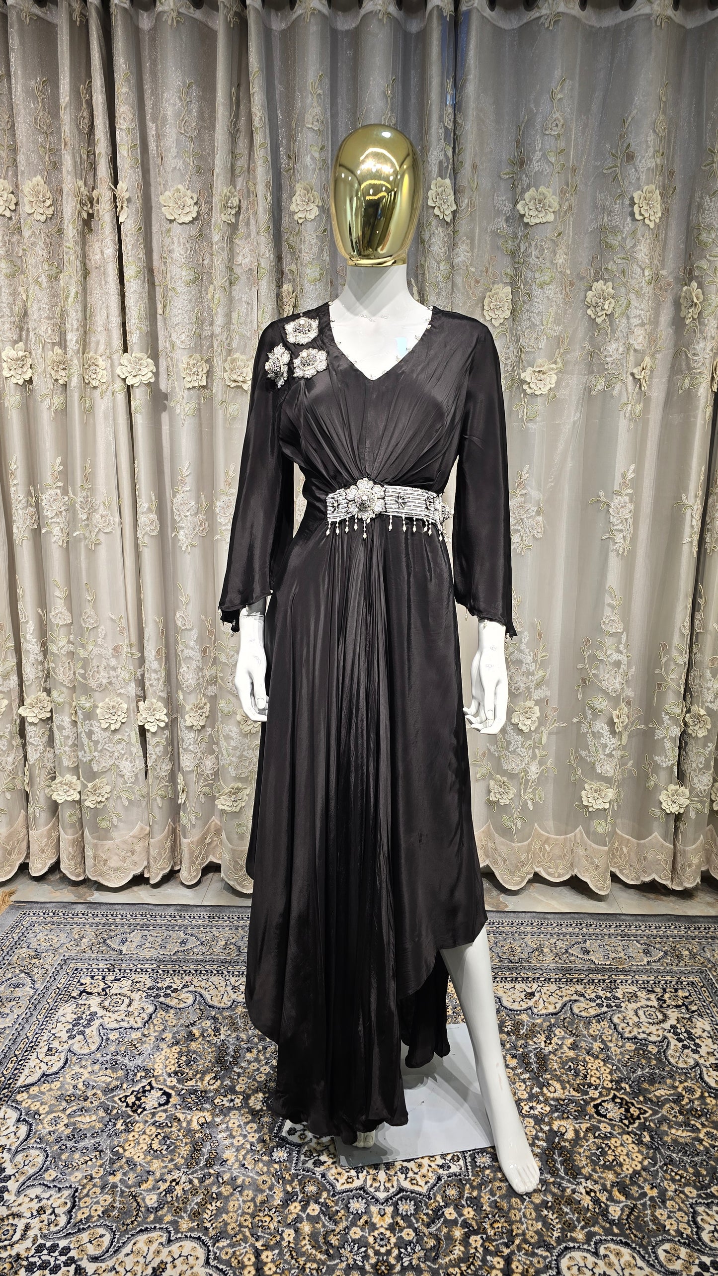 Black Pure Crepe Dress with 3D Stone Work & Attached Belt
