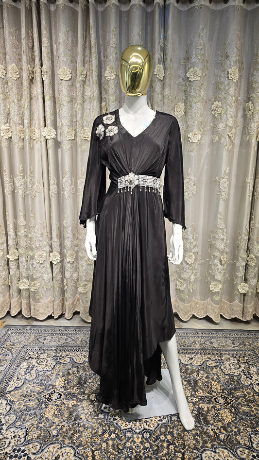 Black Pure Crepe Dress with 3D Stone Work & Attached Belt