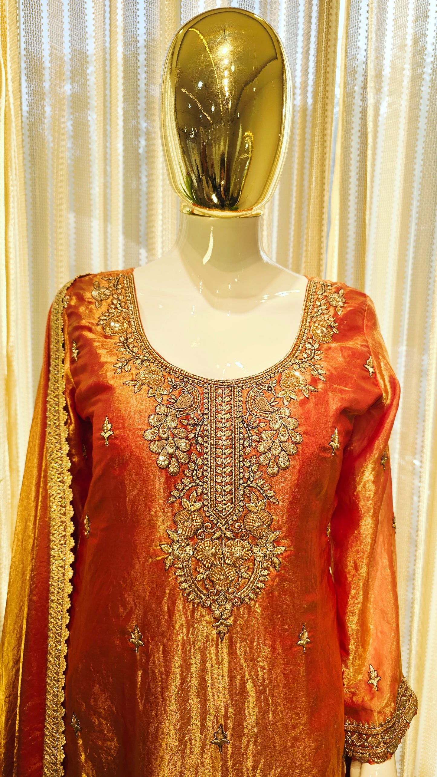 Metallic Rust Tissue Organza Peacock Zari Short Kurta Gharara Set