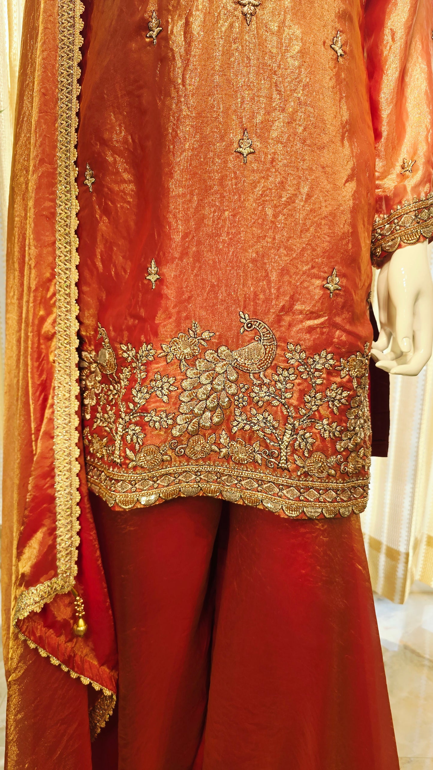 Metallic Rust Tissue Organza Peacock Zari Short Kurta Gharara Set