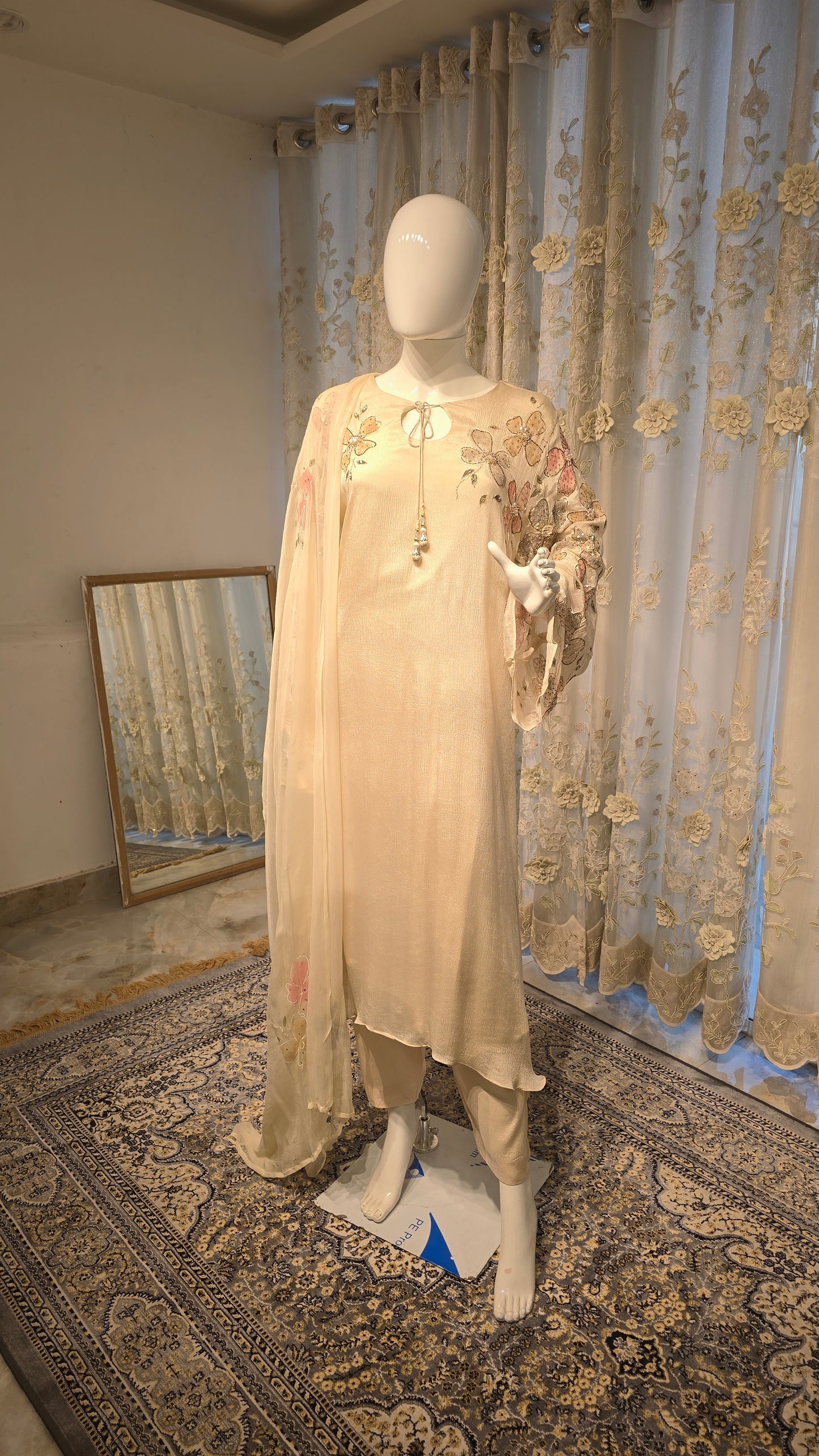 Designer Chinnon Three Piece Hand Painted Suit Set in Champagne Beige