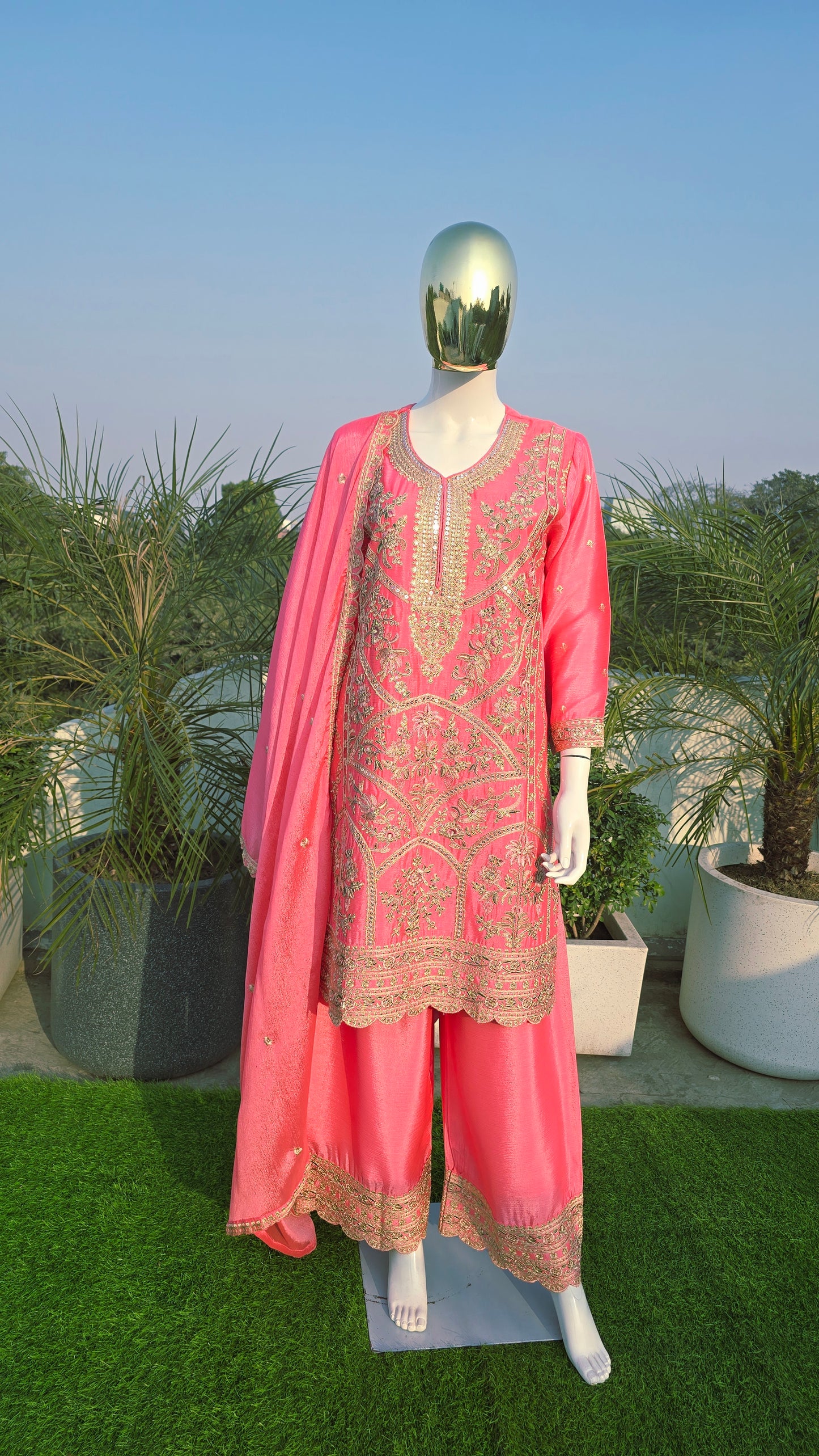 Fushia Chinnon Floral Mughal Embroidered Suit Set