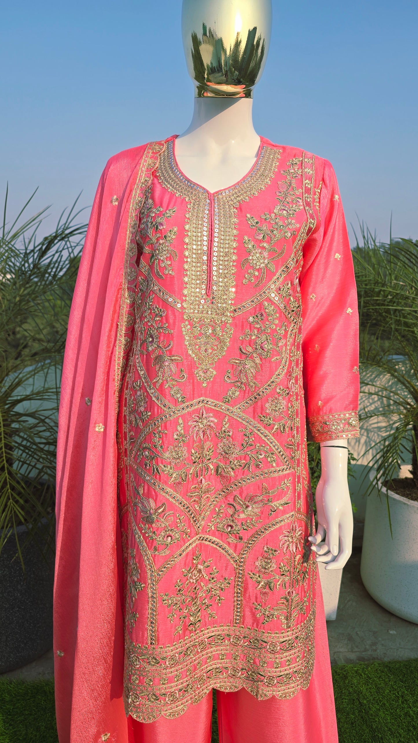Fushia Chinnon Floral Mughal Embroidered Suit Set