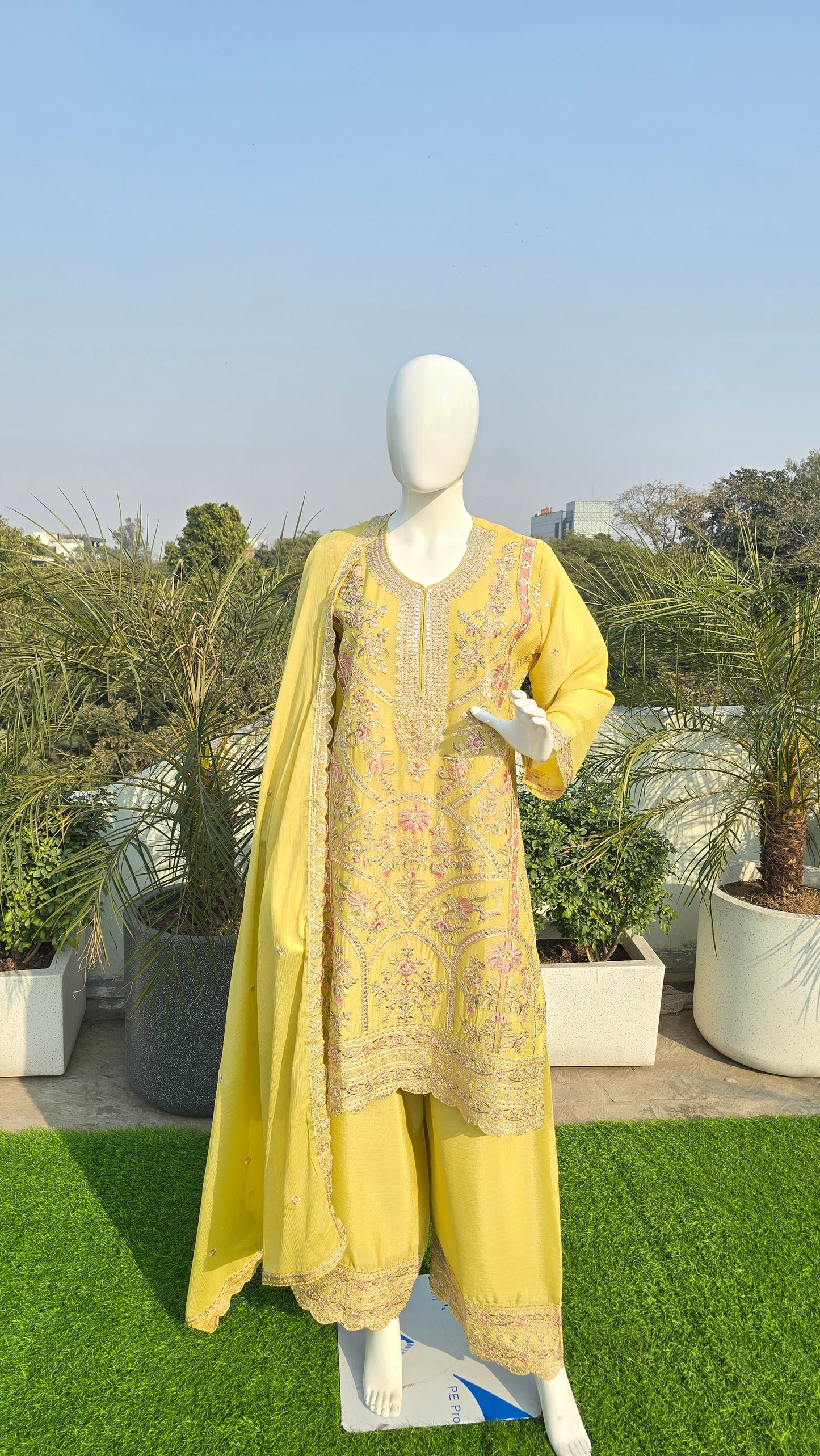 Bright Citron Yellow Embroidered Chinnon Set with Dupatta
