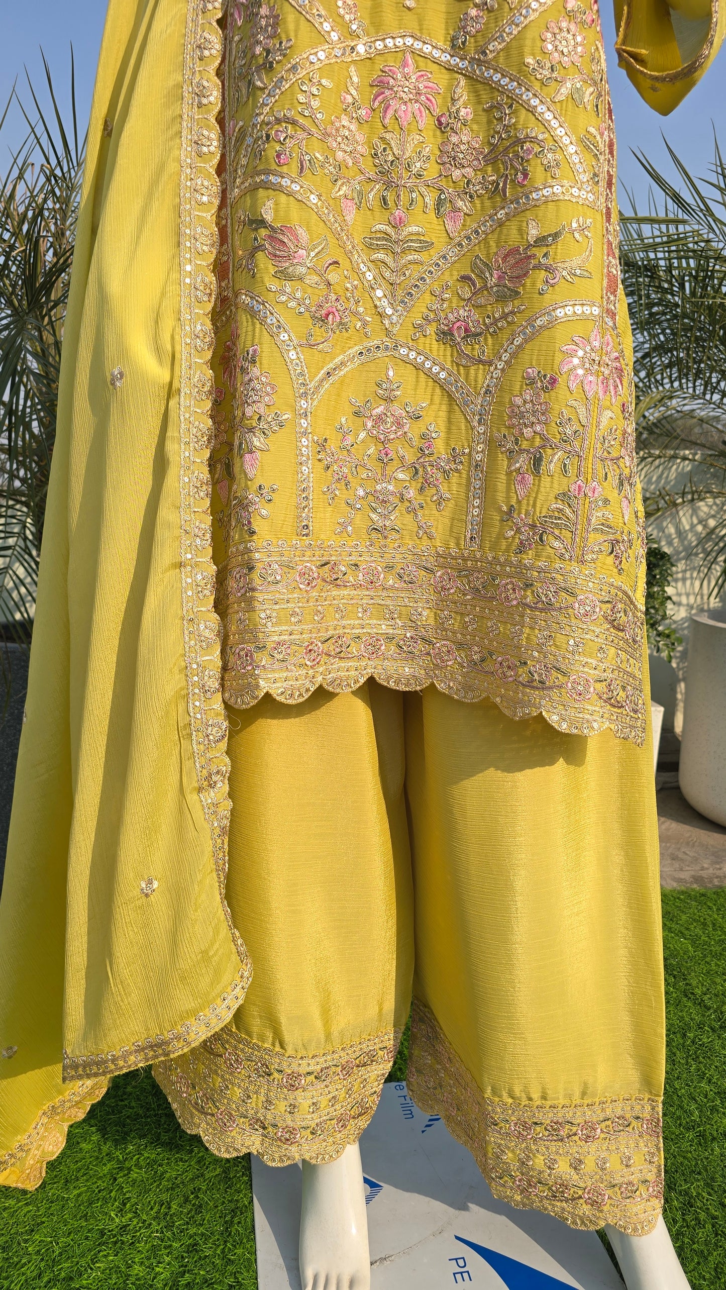 Bright Citron Yellow Embroidered Chinnon Set with Dupatta