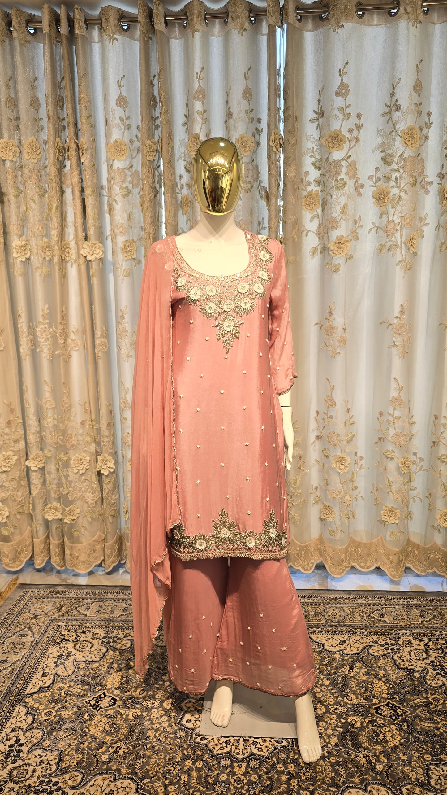 Pink Mauve Heavy Embroidered Pure Chinnon Party Wear Suit Set