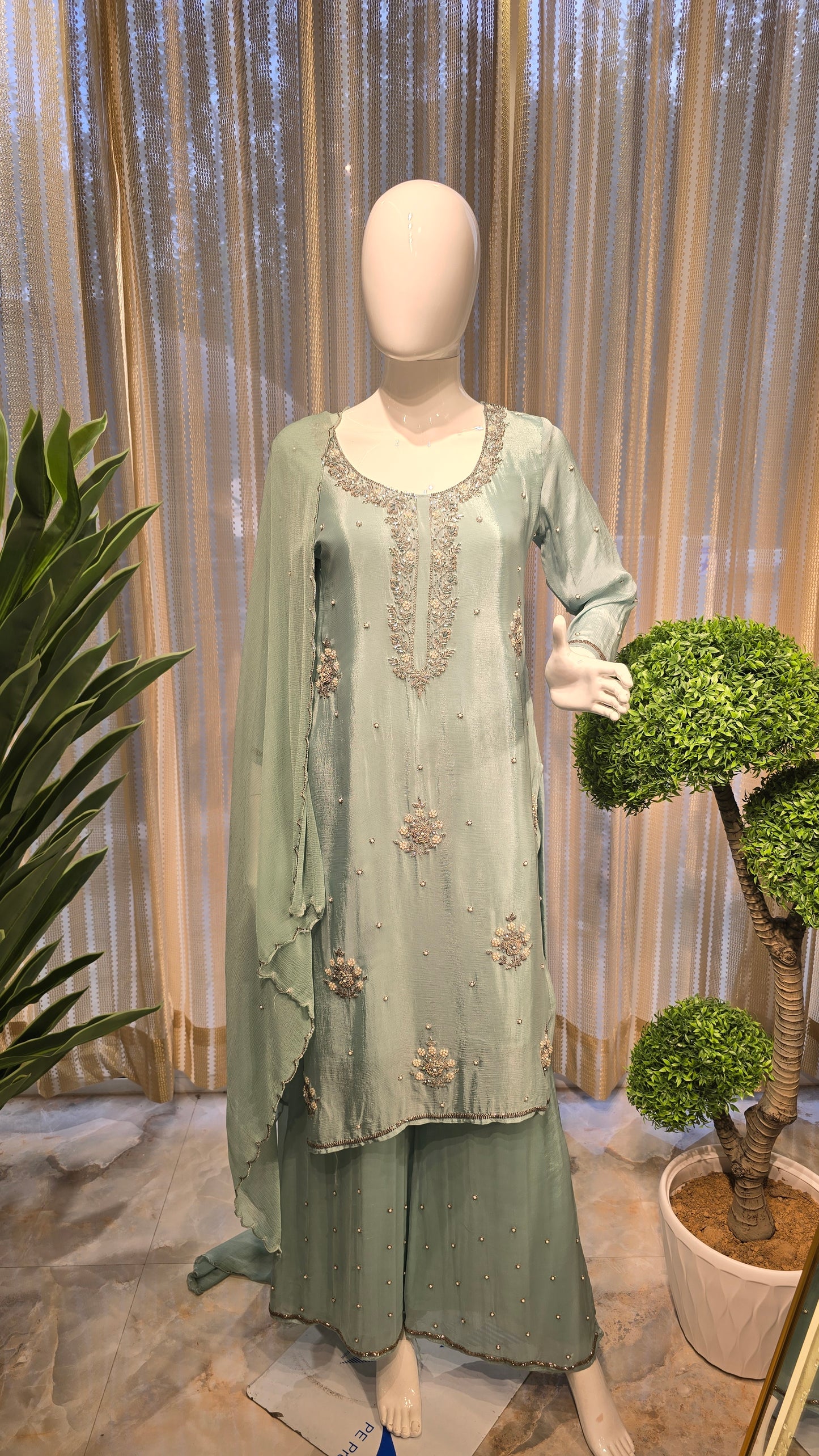 Teal Blue Heavy Embroidered Pure Chinnon Party Wear Suit Set