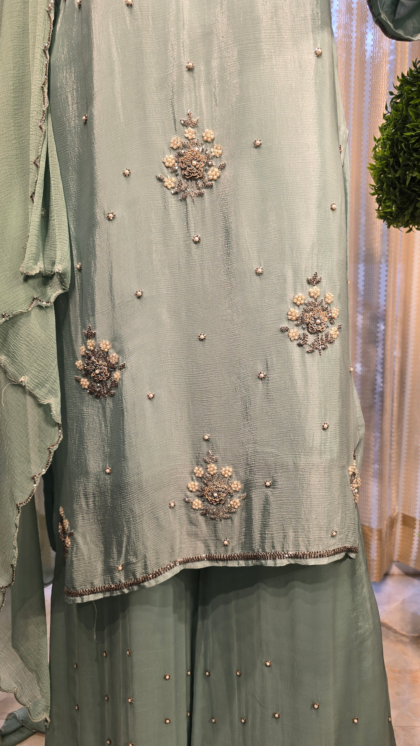 Teal Blue Heavy Embroidered Pure Chinnon Party Wear Suit Set