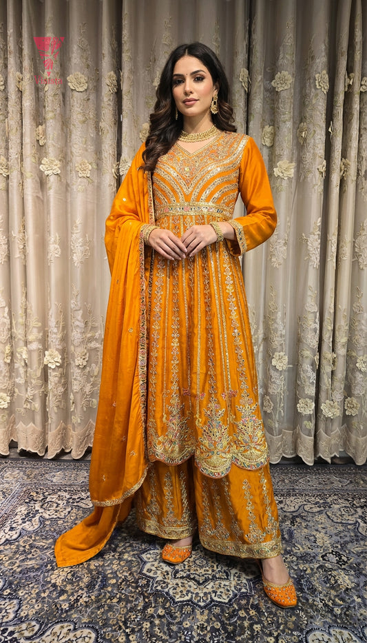 Heavy Traditional Embroidered Orange Peplum Anarkali Suit Set in Chinnon