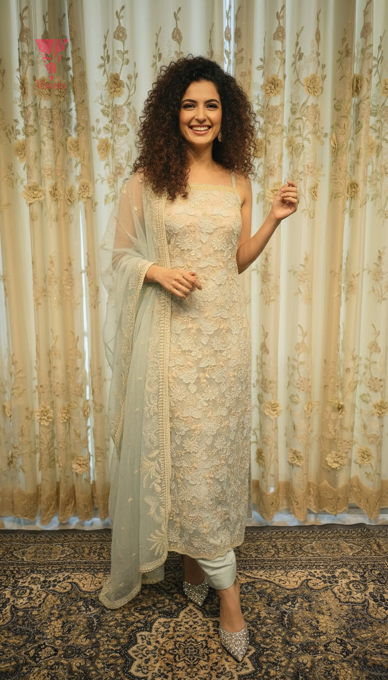 Azure Bloom 3D Embroidered Organza Suit