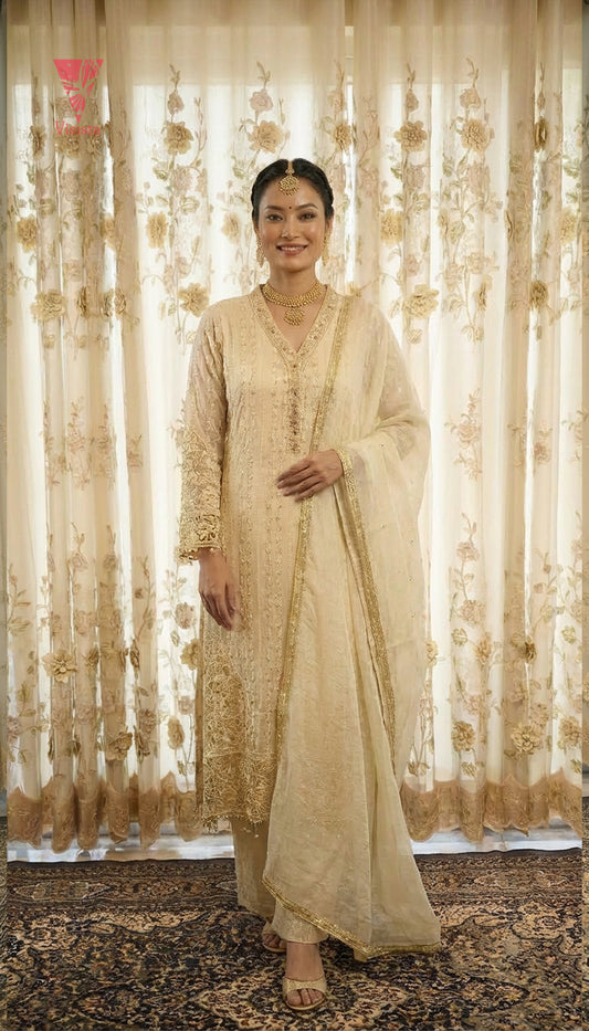 Ivory Muse – A Cream Luxury Suit with Cutwork Unstitched