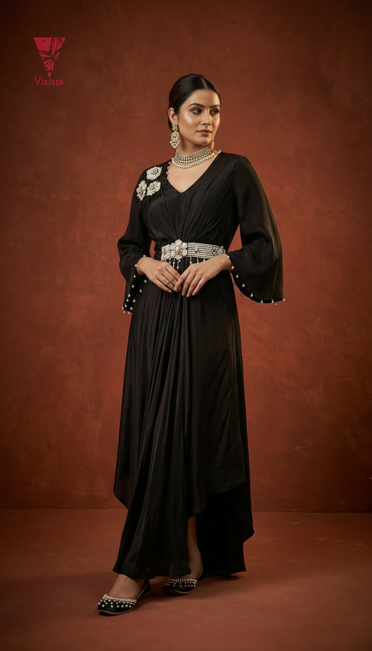 Black Pure Crepe Dress with 3D Stone Work & Attached Belt