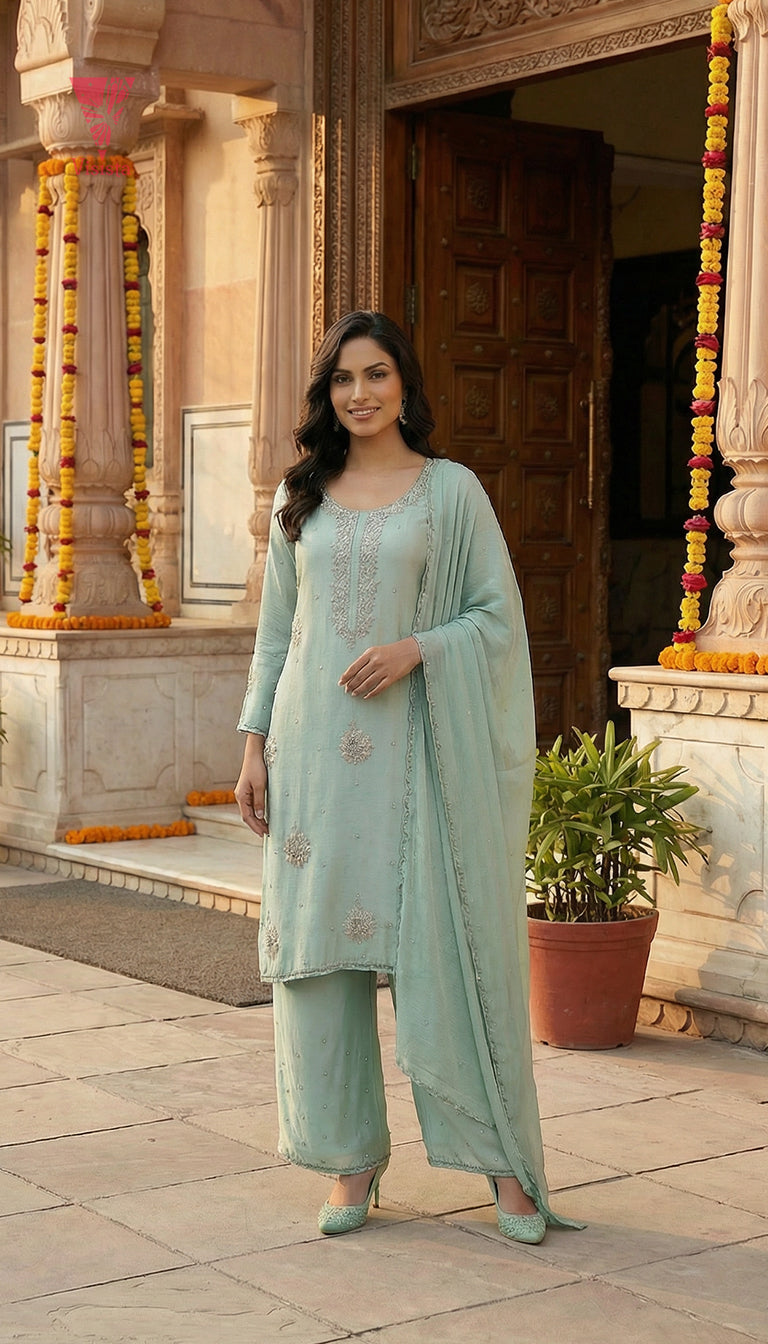 Teal Blue Heavy Embroidered Pure Chinnon Party Wear Suit Set