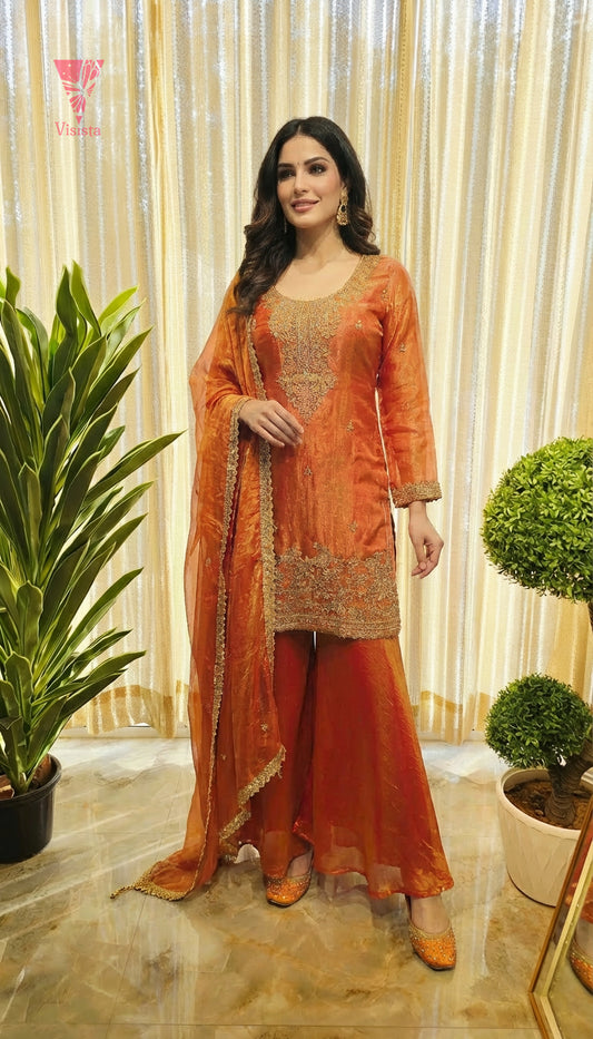 Metallic Rust Tissue Organza Peacock Zari Short Kurta Gharara Set