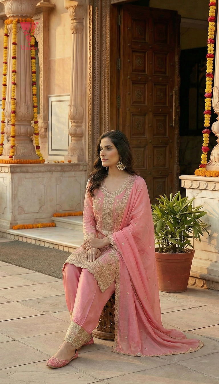 Fushia Chinnon Floral Mughal Embroidered Suit Set