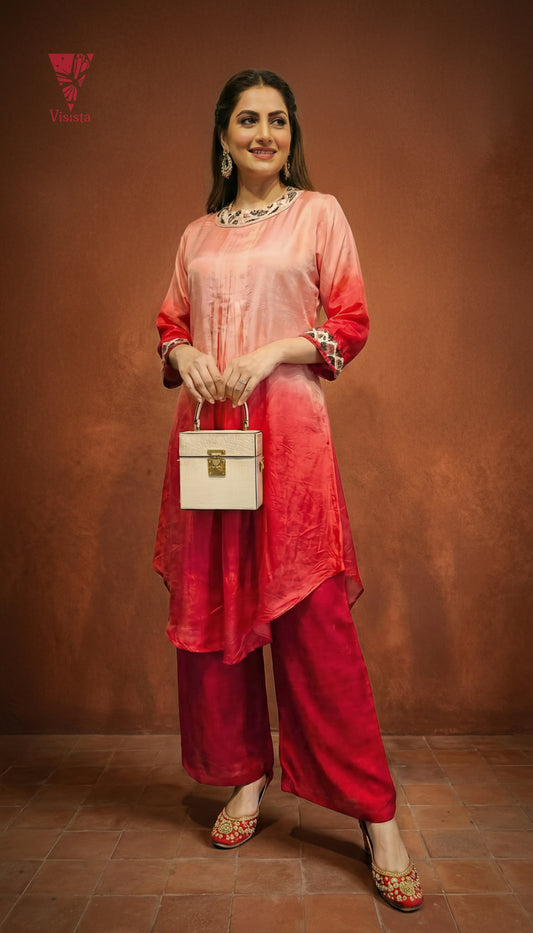 Pink & Red Ombré Dola Silk Straight Kurta Set with Handwork