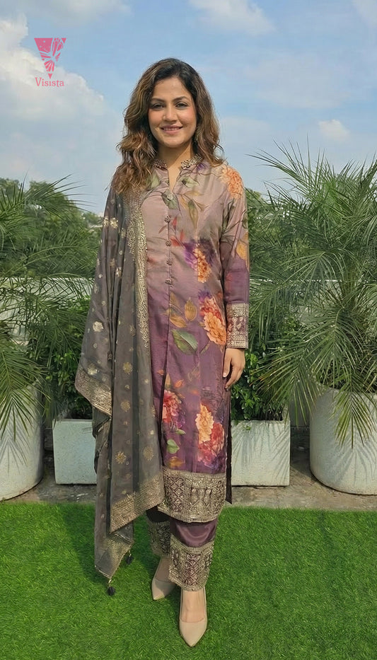 Royal Purple Real Premium Silk Embroidered Suit Set with Jacquard Dupatta