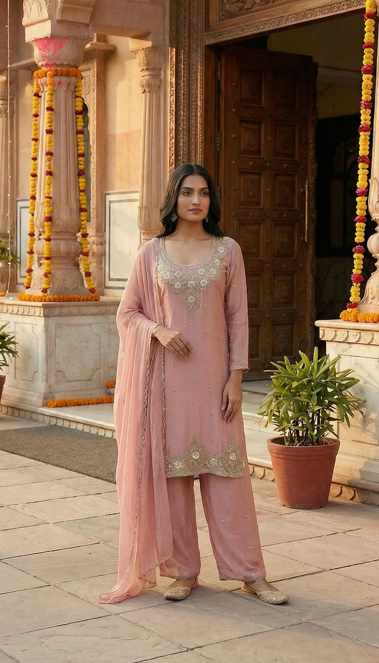 Pink Mauve Heavy Embroidered Pure Chinnon Party Wear Suit Set