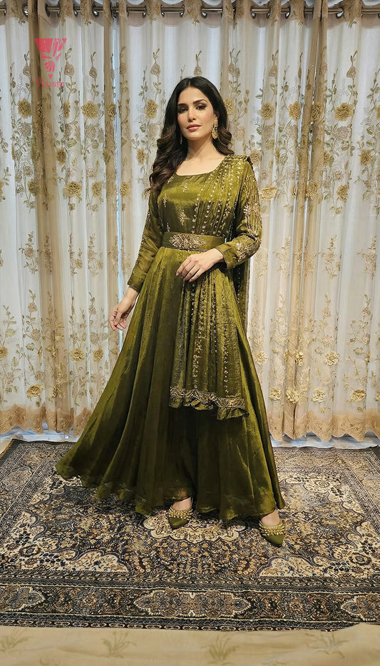 Luxury Handwork Gown in Olive Green with Choker Neck & Stole | Wedding & Cocktail Dress