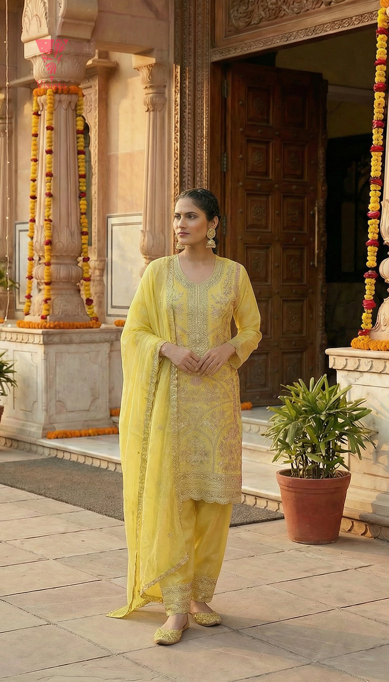 Bright Citron Yellow Embroidered Chinnon Set with Dupatta
